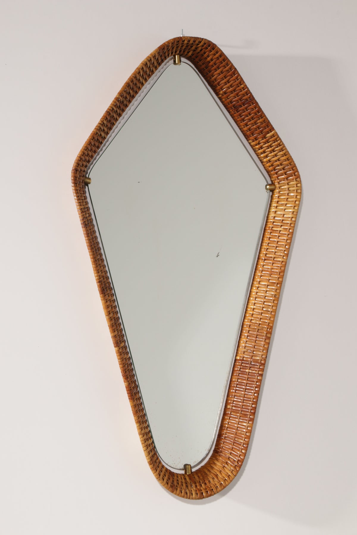 Italian Mid-Century Rattan Wall Mirror – Sculptural 1950s Design with Brass Details