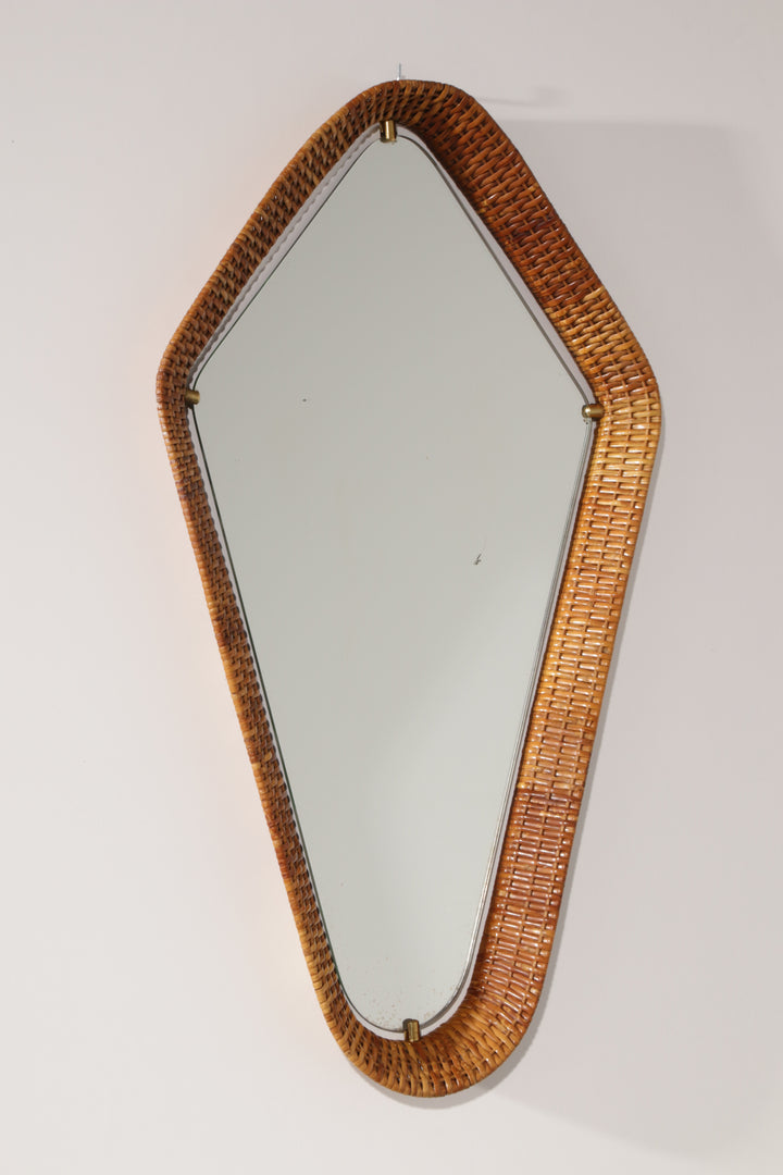 Italian Mid-Century Rattan Wall Mirror – Sculptural 1950s Design with Brass Details