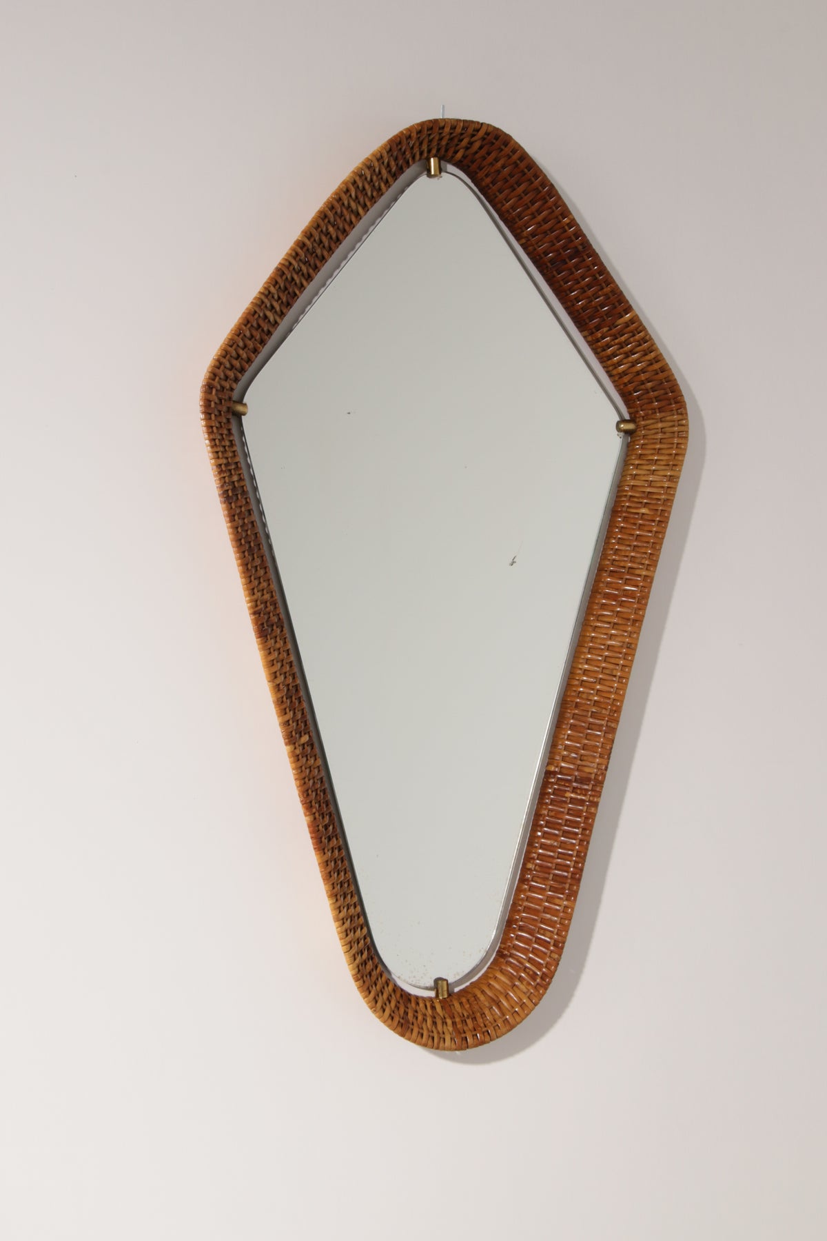Italian Mid-Century Rattan Wall Mirror – Sculptural 1950s Design with Brass Details