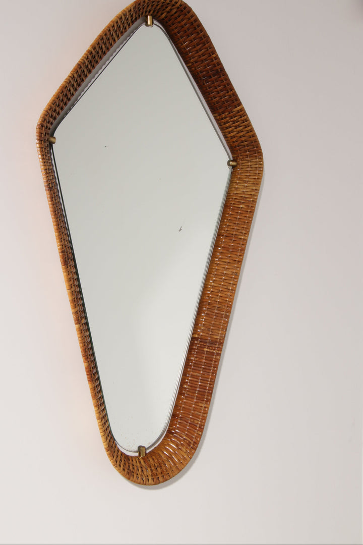 Italian Mid-Century Rattan Wall Mirror – Sculptural 1950s Design with Brass Details
