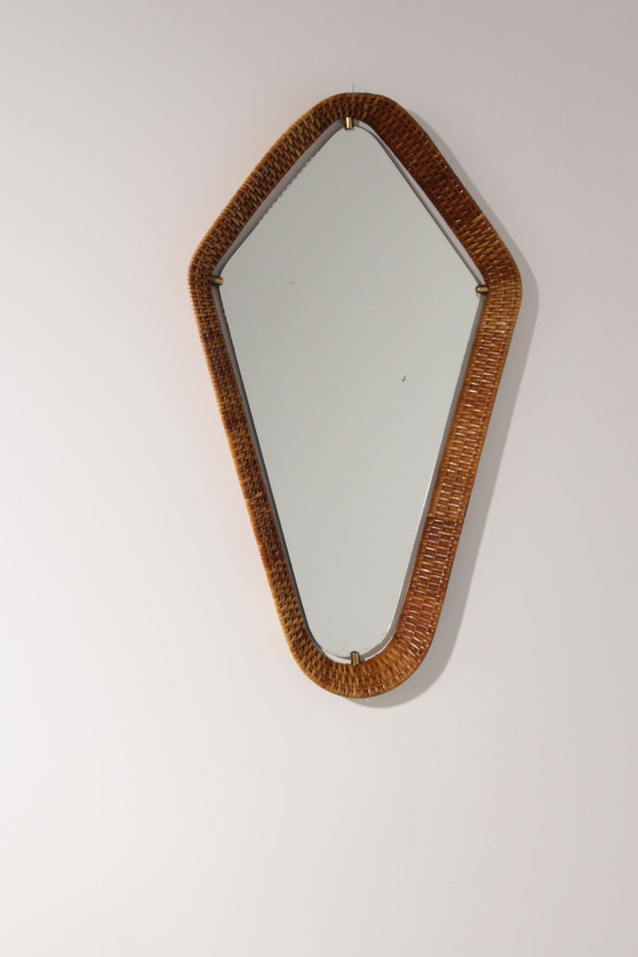 Italian Mid-Century Rattan Wall Mirror – Sculptural 1950s Design with Brass Details