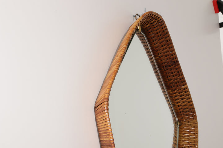 Italian Mid-Century Rattan Wall Mirror – Sculptural 1950s Design with Brass Details
