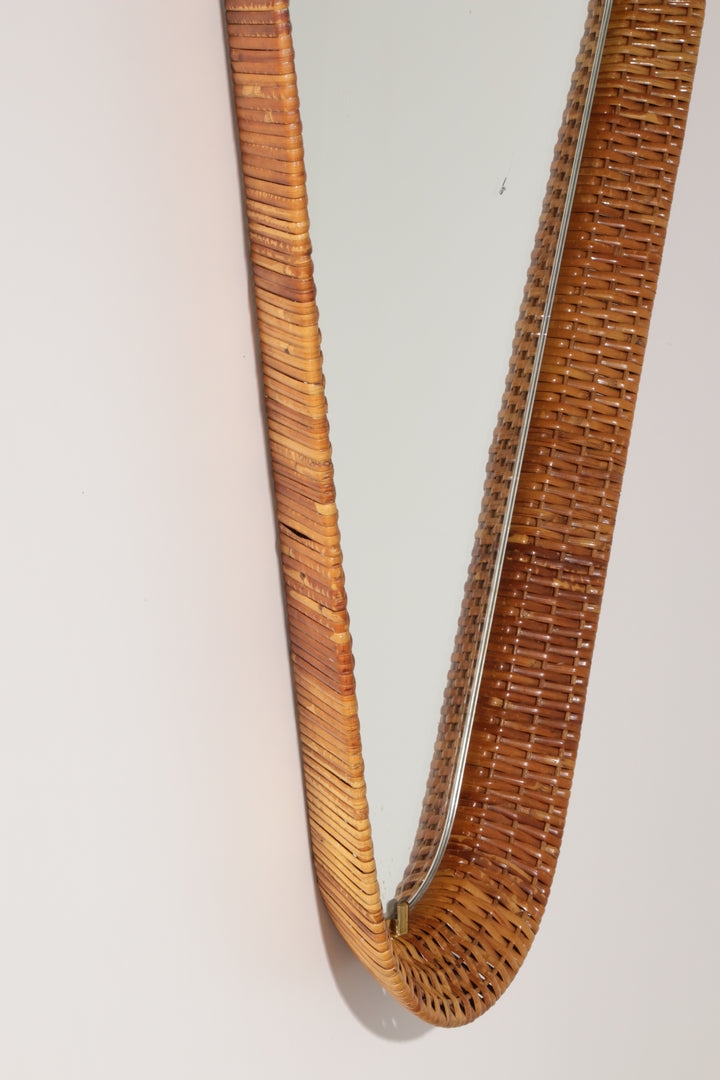 Italian Mid-Century Rattan Wall Mirror – Sculptural 1950s Design with Brass Details