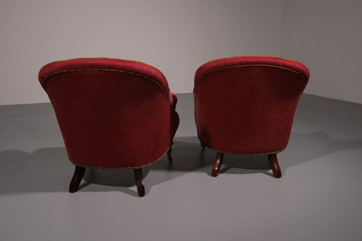 Pair of French Red fabric Button Back Armchairs