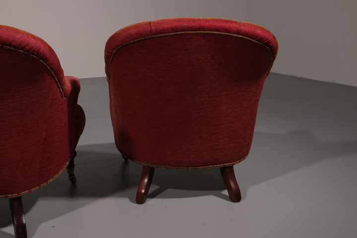 Pair of French Red fabric Button Back Armchairs