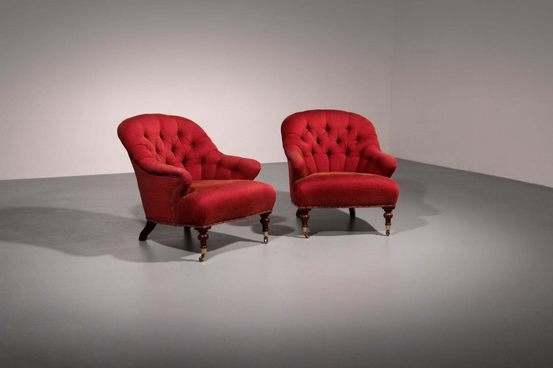 Pair of French Red fabric Button Back Armchairs