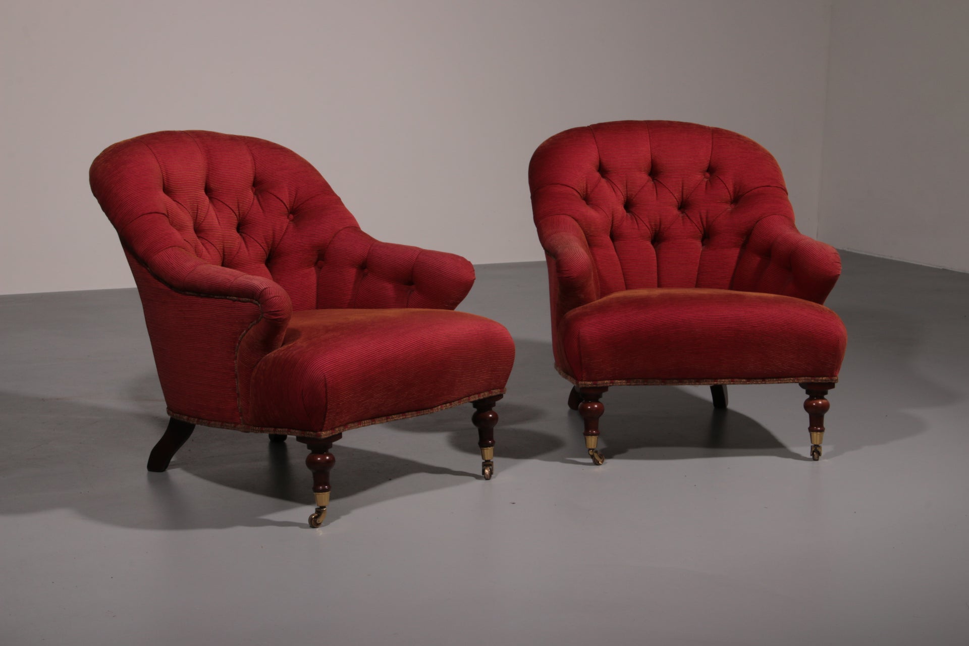 Pair of French Red fabric Button Back Armchairs