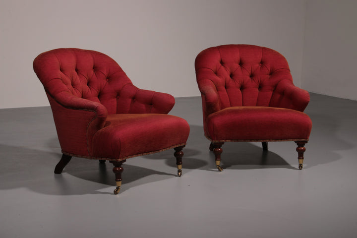 Pair of French Red fabric Button Back Armchairs