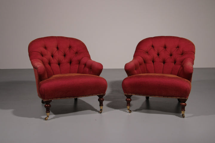 Pair of French Red fabric Button Back Armchairs