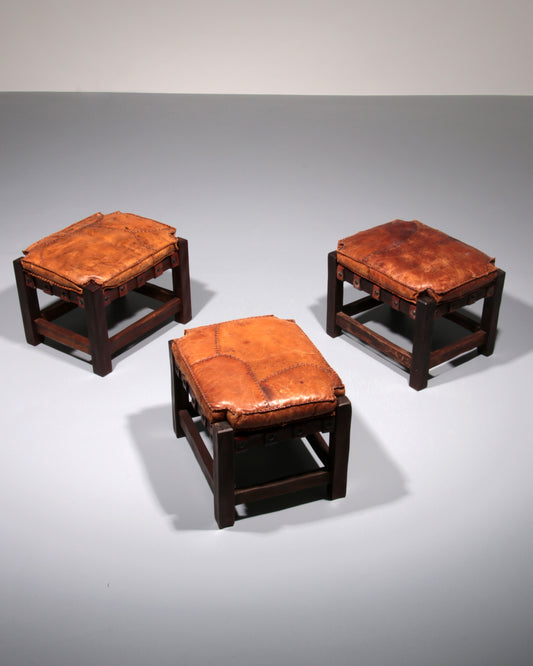 Brazilian Brutalist Ottomans with Patchwork Leather, 1960s