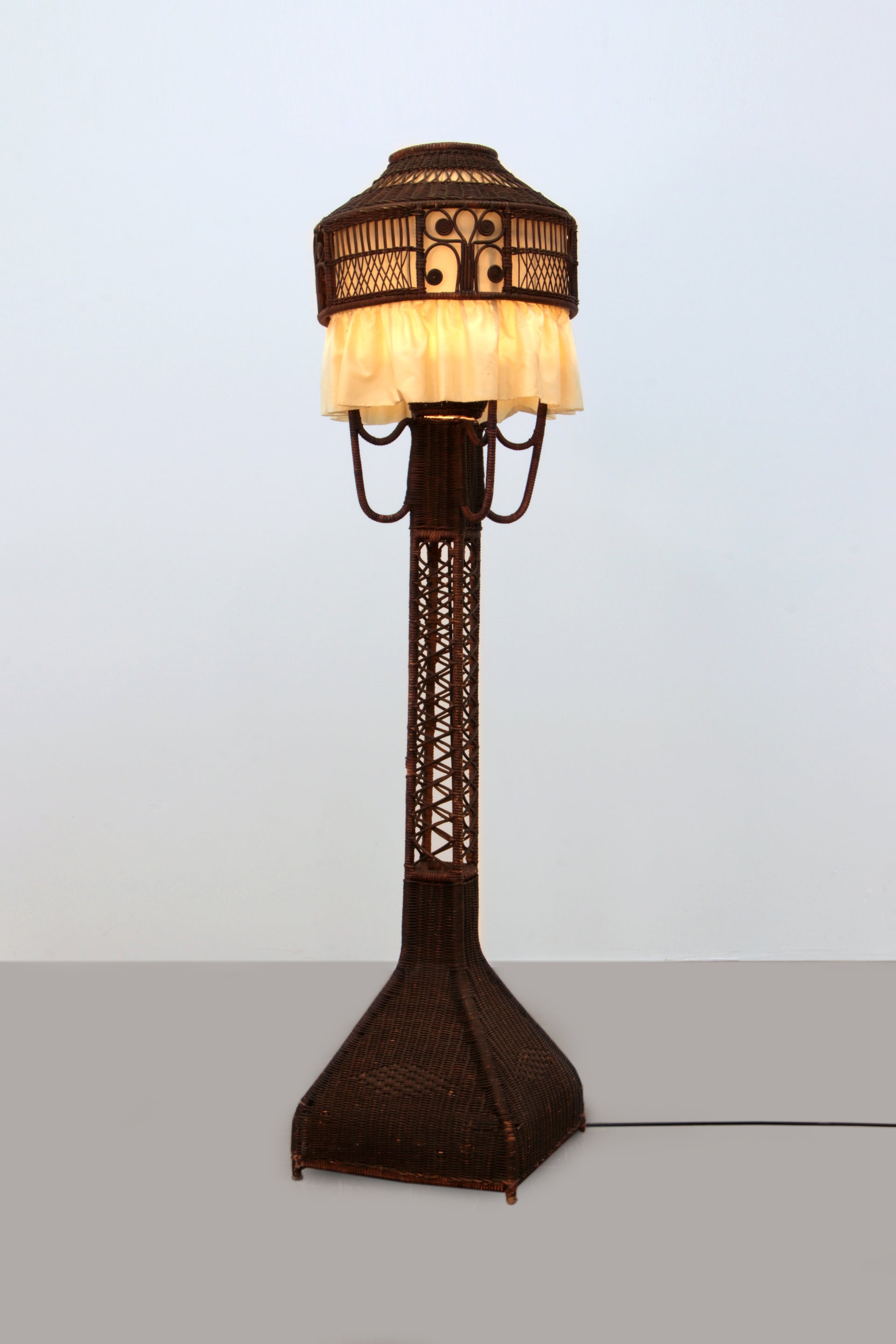 Vintage Bamboo and Rattan Floor Lamp with Fabric Shade