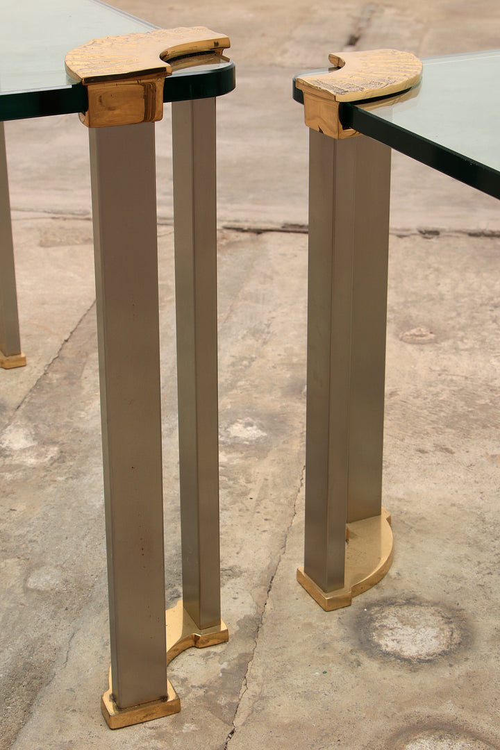 Hollywood Regency Gouden Glazen salontafel met Glazen bijzettafel 1970