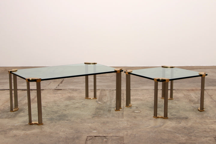 Hollywood Regency Gouden Glazen salontafel met Glazen bijzettafel 1970