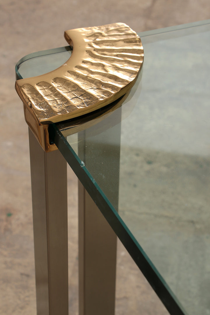 Hollywood Regency Gouden Glazen salontafel met Glazen bijzettafel 1970