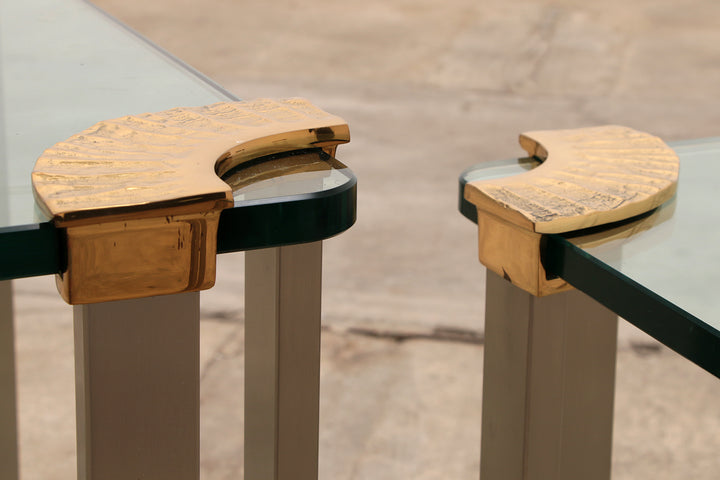 Hollywood Regency Gouden Glazen salontafel met Glazen bijzettafel 1970