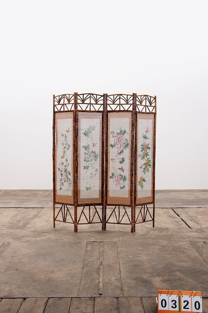 Vintage Oosters kamerscherm Bamboe met stof,1960