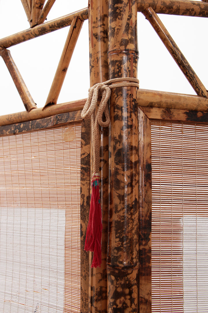 Vintage Oosters kamerscherm Bamboe met stof,1960