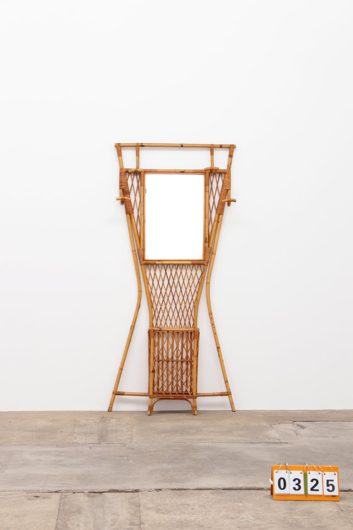 Franse Bamboe Wandkapstok met grote spiegel,1960