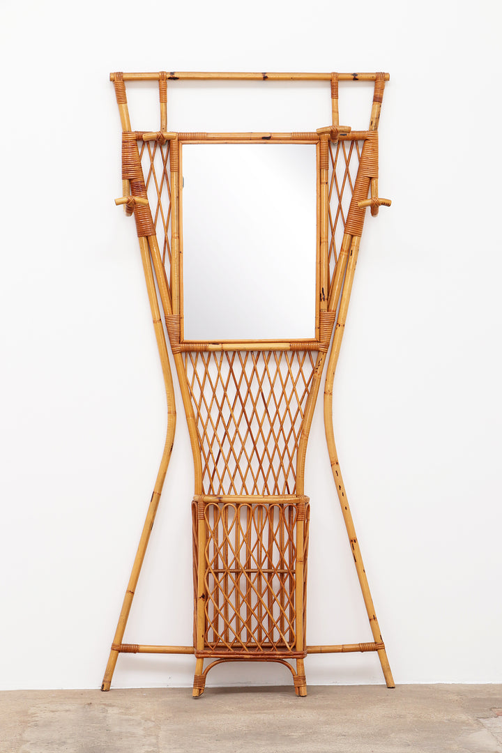 Franse Bamboe Wandkapstok met grote spiegel,1960