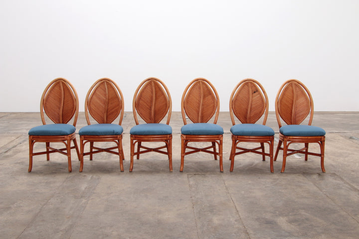 Bohemian Bamboe Mcguire  eettafel set met 6 palmblad stoelen,1960 Frankrijk.