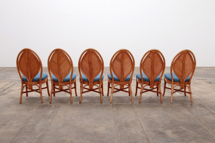 Bohemian Bamboe Mcguire  eettafel set met 6 palmblad stoelen,1960 Frankrijk.
