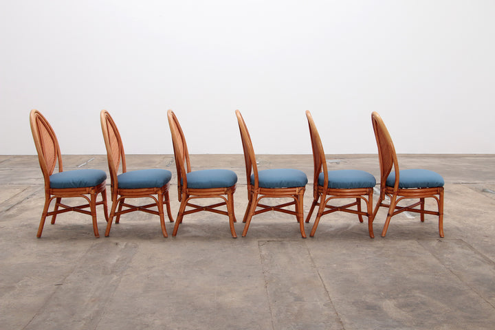 Bohemian Bamboe Mcguire  eettafel set met 6 palmblad stoelen,1960 Frankrijk.