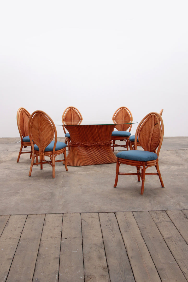 Bohemian Bamboe Mcguire  eettafel set met 6 palmblad stoelen,1960 Frankrijk.