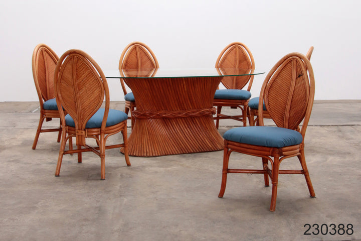 Bohemian Bamboe Mcguire  eettafel set met 6 palmblad stoelen,1960 Frankrijk.