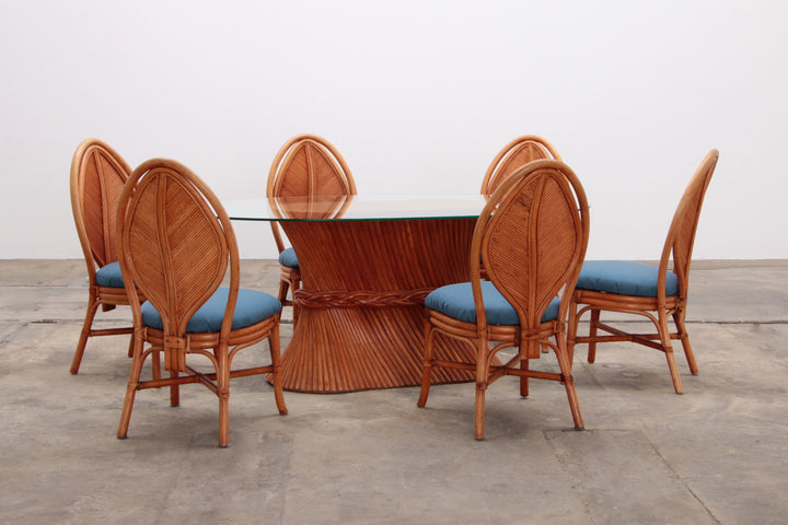 Bohemian Bamboe Mcguire  eettafel set met 6 palmblad stoelen,1960 Frankrijk.