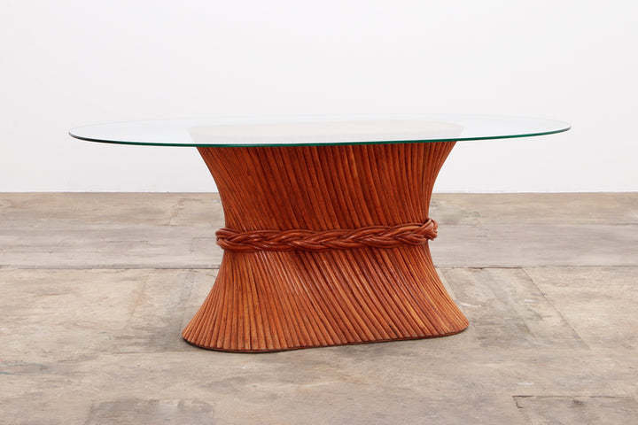 Bohemian Bamboe Mcguire  eettafel set met 6 palmblad stoelen,1960 Frankrijk.