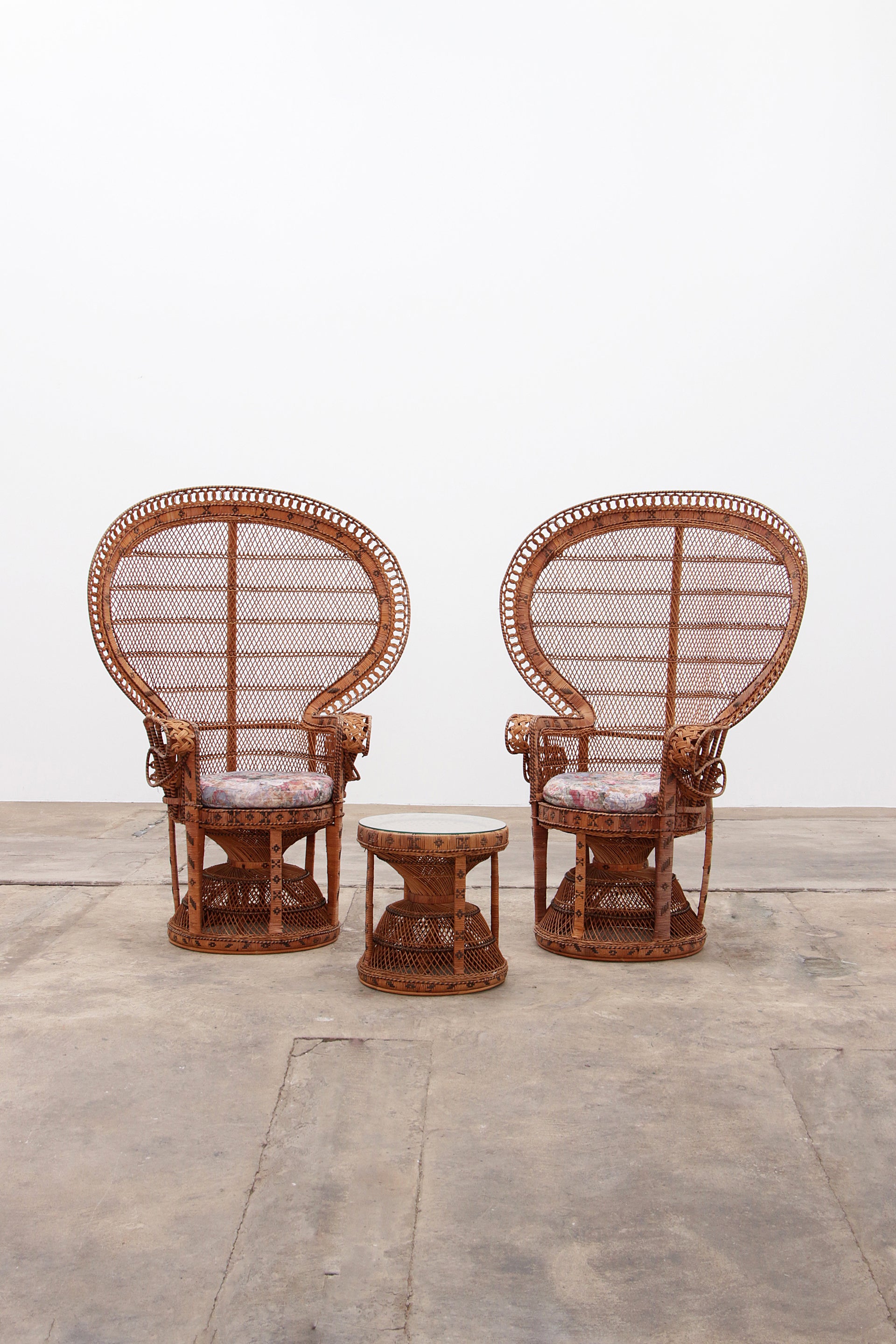 King Sized Emmanuelle Peacock Chairs with Side Table - Vintage Rattan Set