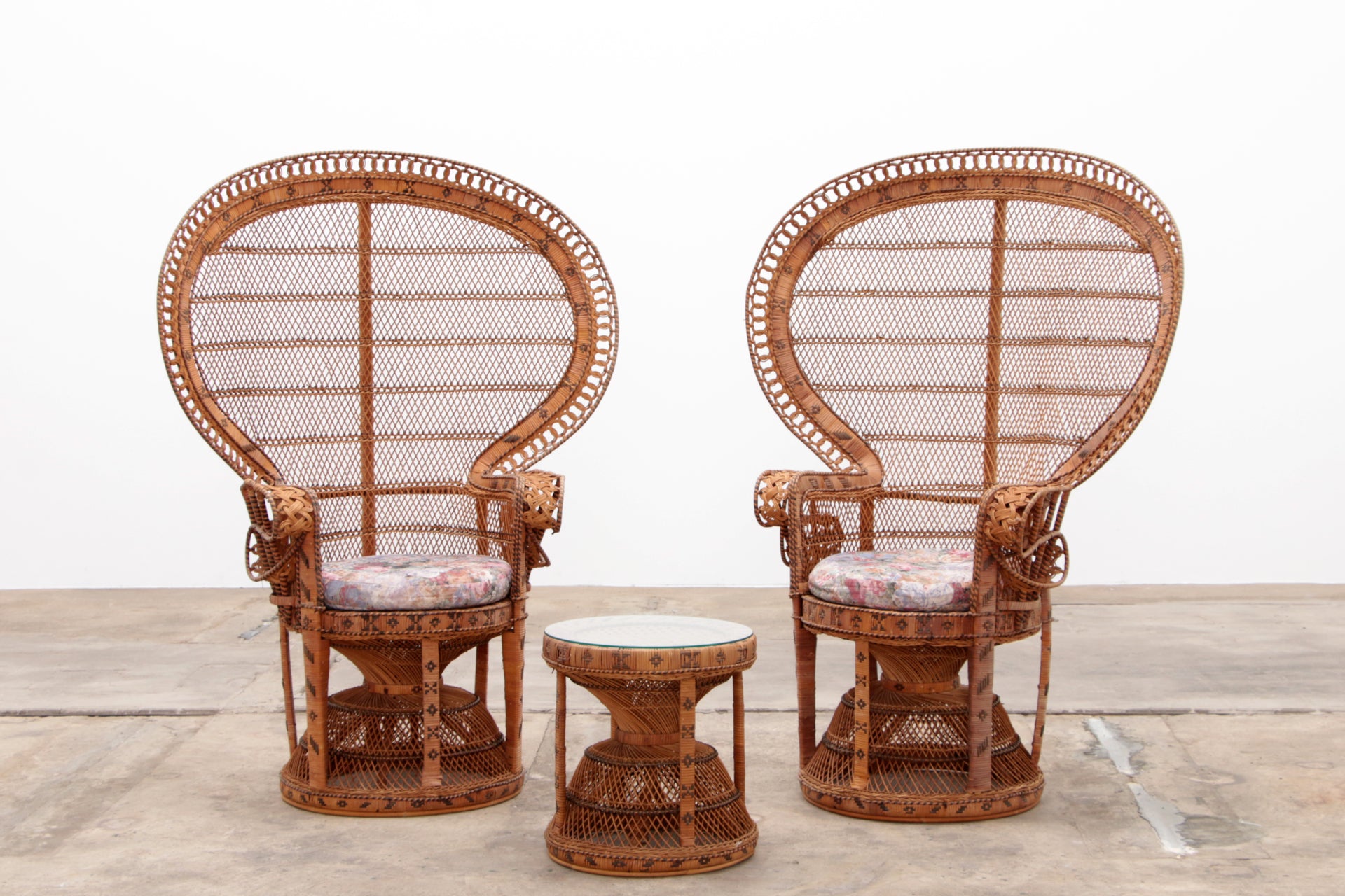 King Sized Emmanuelle Peacock Chairs with Side Table - Vintage Rattan Set