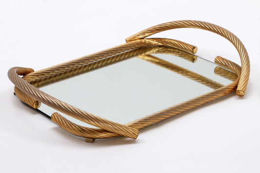 Franse Gold-Plated Gouden kabel dienblad met spiegel, 1950's