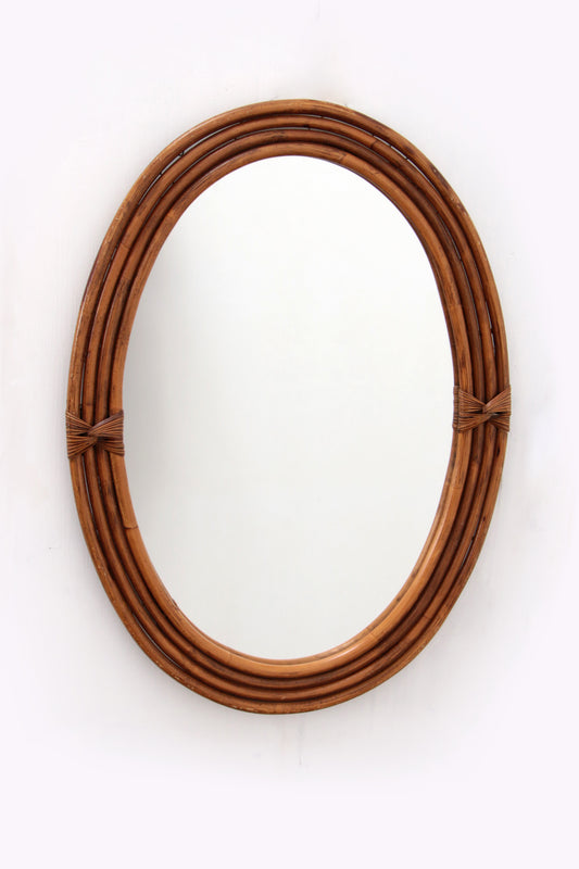 Mooie Vintage Franse Ovale Bamboe Spiegel 1960
