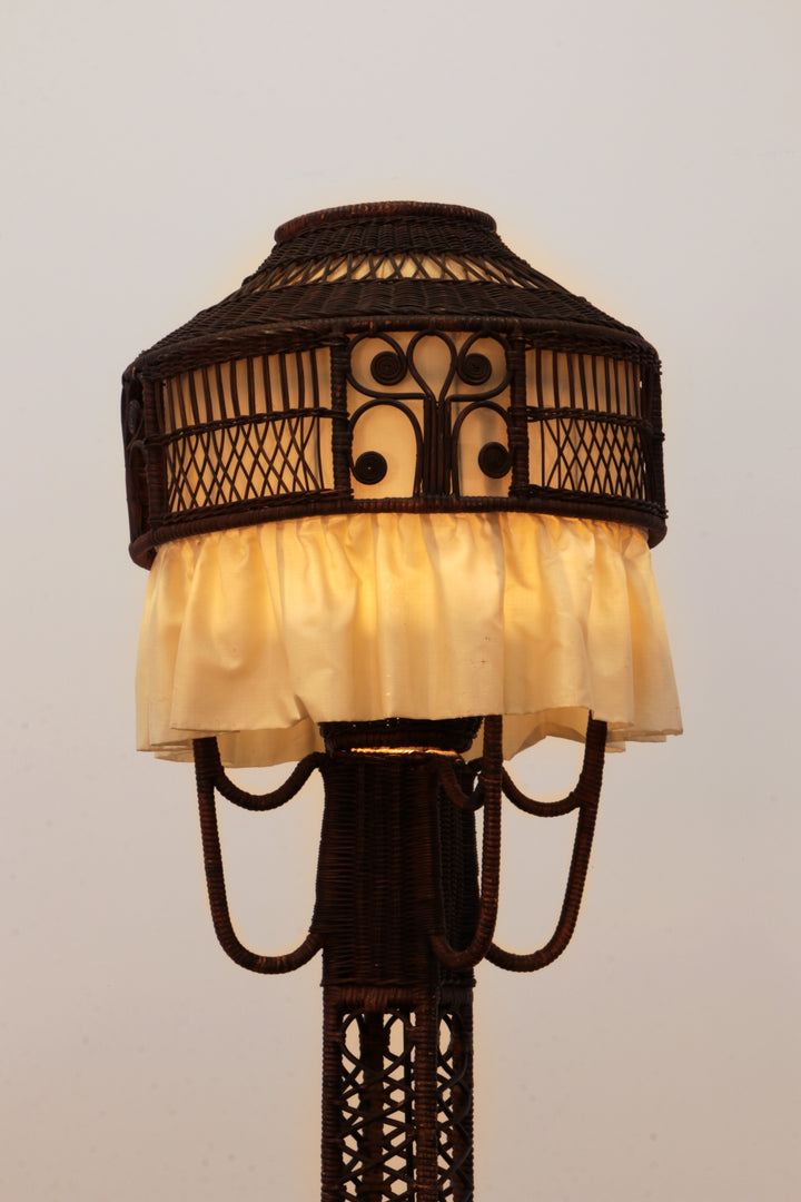 Bamboe Vloerlamp met Stoffenkap - Vintage Uitstraling uit de Jaren 50
