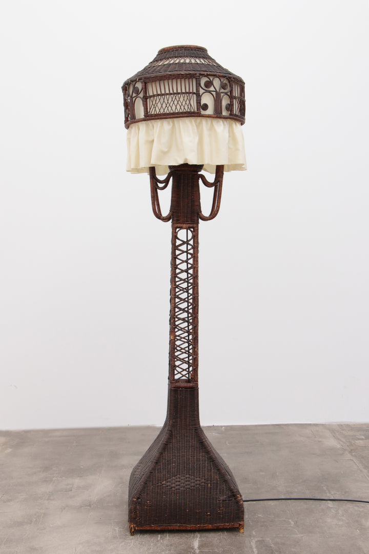 Bamboe Vloerlamp met Stoffenkap - Vintage Uitstraling uit de Jaren 50