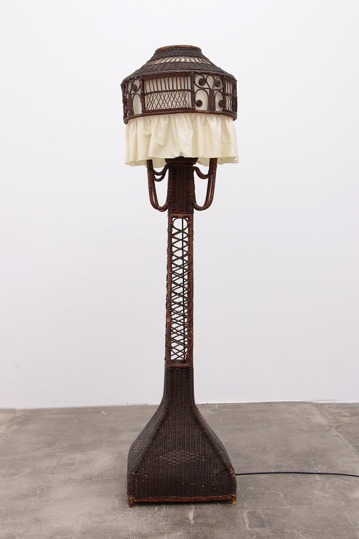 Bamboe Vloerlamp met Stoffenkap - Vintage Uitstraling uit de Jaren 50