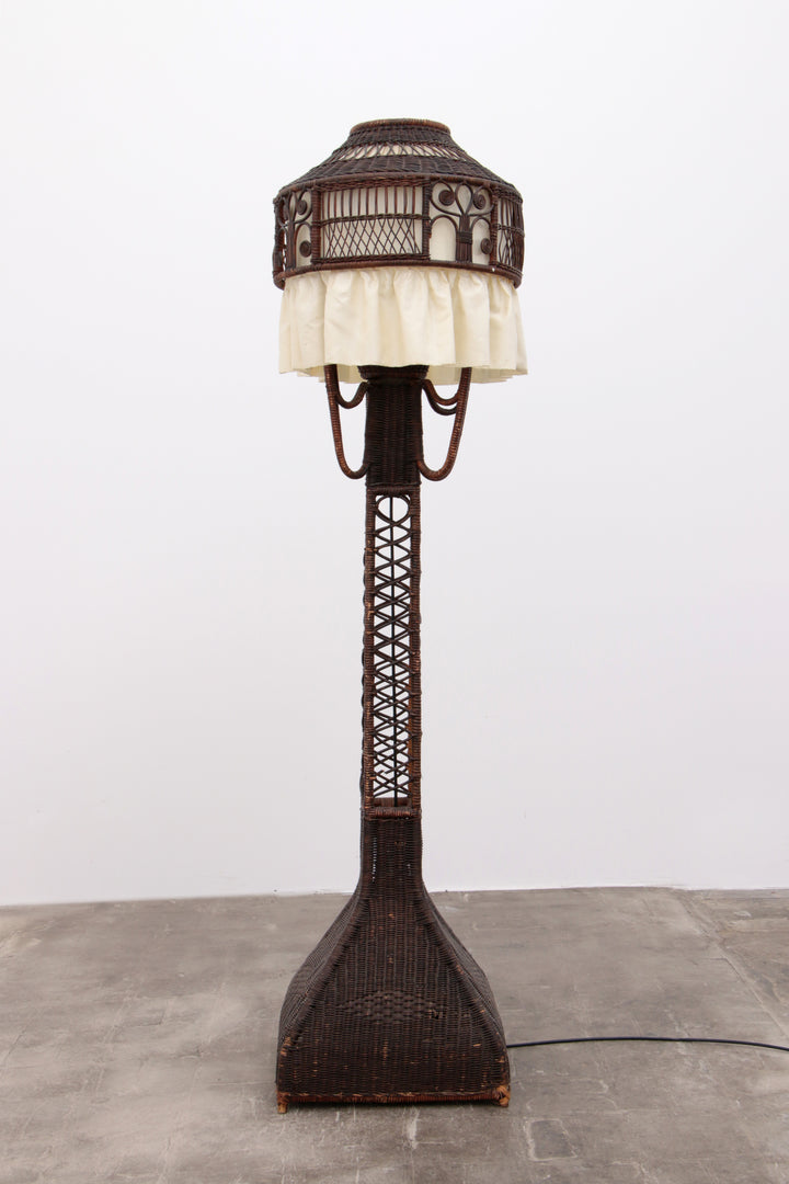 Bamboe Vloerlamp met Stoffenkap - Vintage Uitstraling uit de Jaren 50