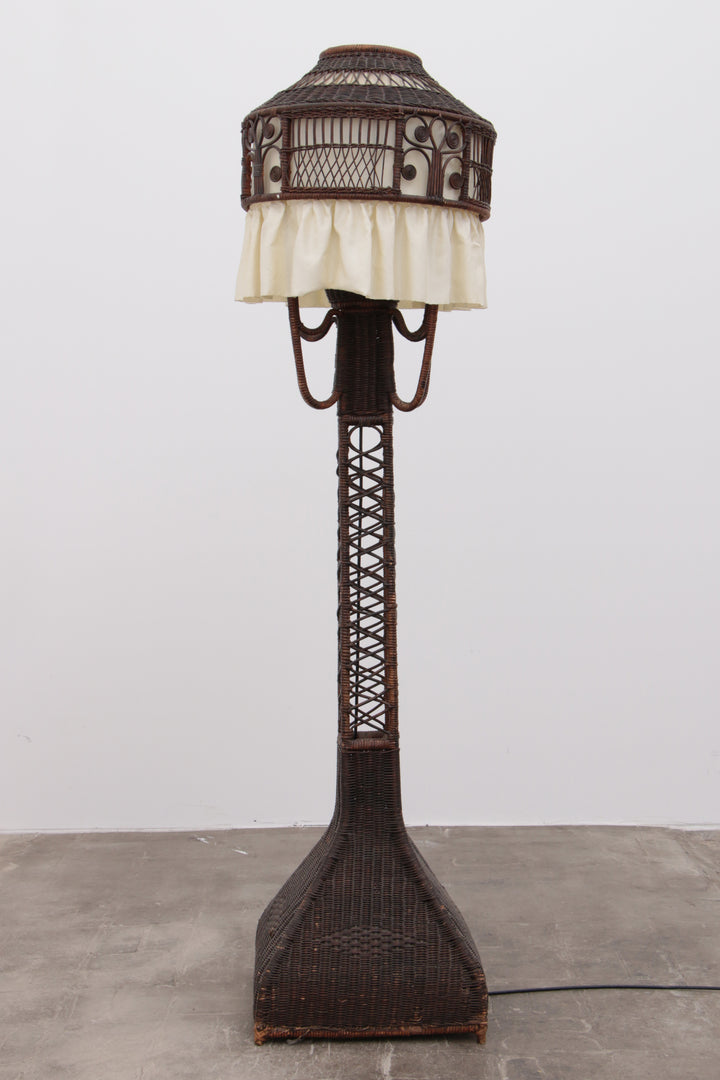 Bamboe Vloerlamp met Stoffenkap - Vintage Uitstraling uit de Jaren 50