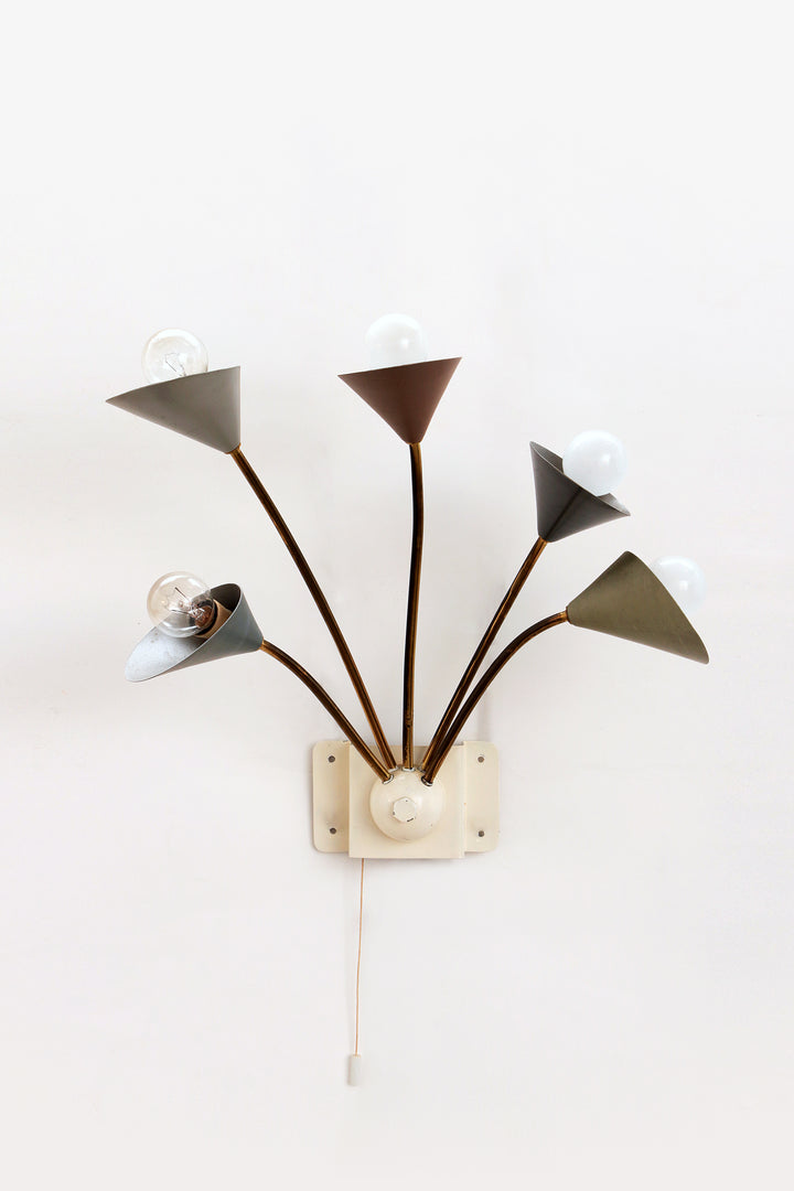 Vintage Wandlamp met 5 Lampjes - Messing Metaal,1960 Denemarken
