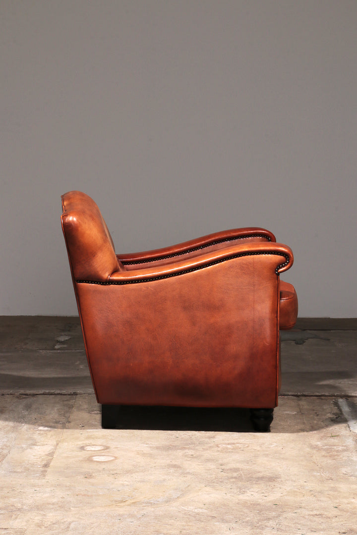 Schaap leren fauteuil Nederlands design handgemaakt 1970 -Merknaam Joris