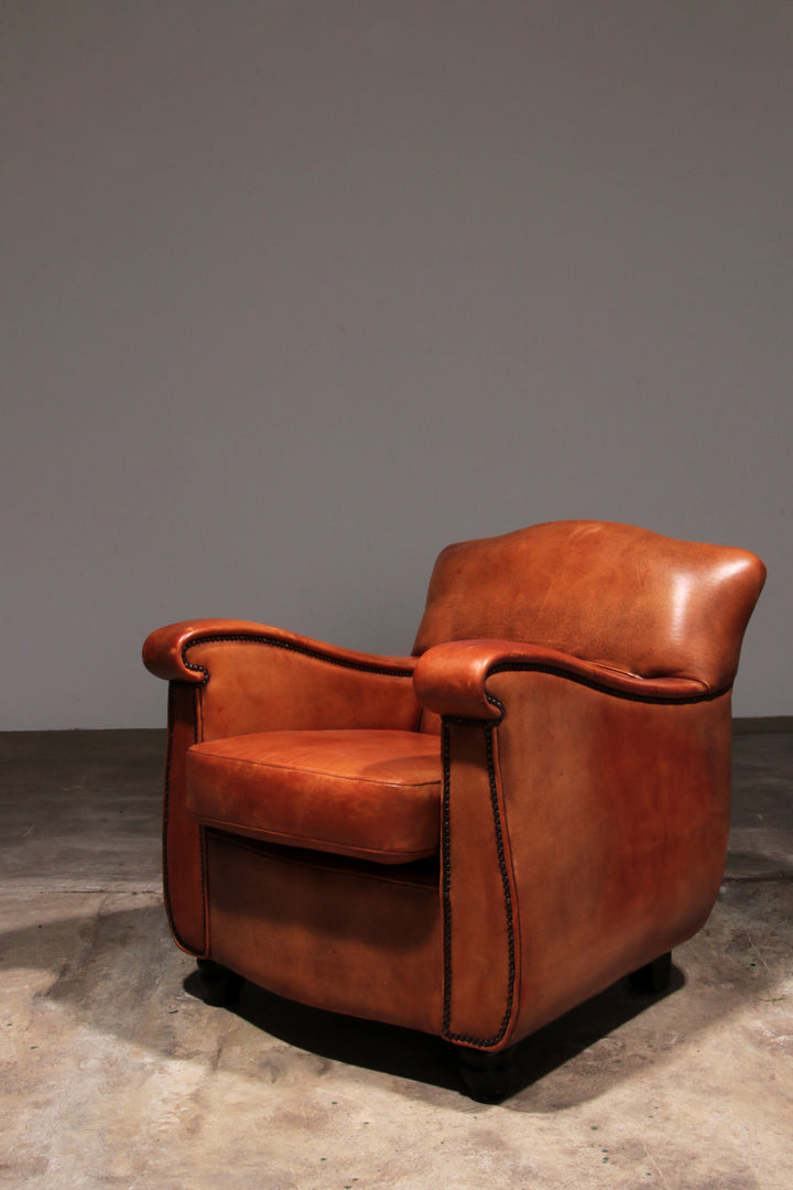 Schaap leren fauteuil Nederlands design handgemaakt 1970 -Merknaam Joris