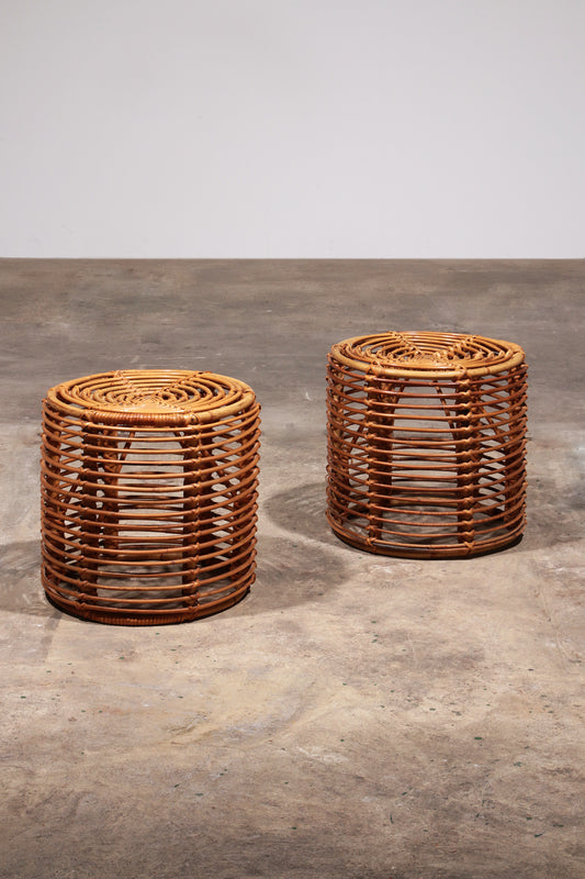 Midcentury Rattan and Wicker Round Pouf Stool, Tito Agnoli, Italy, 1970s