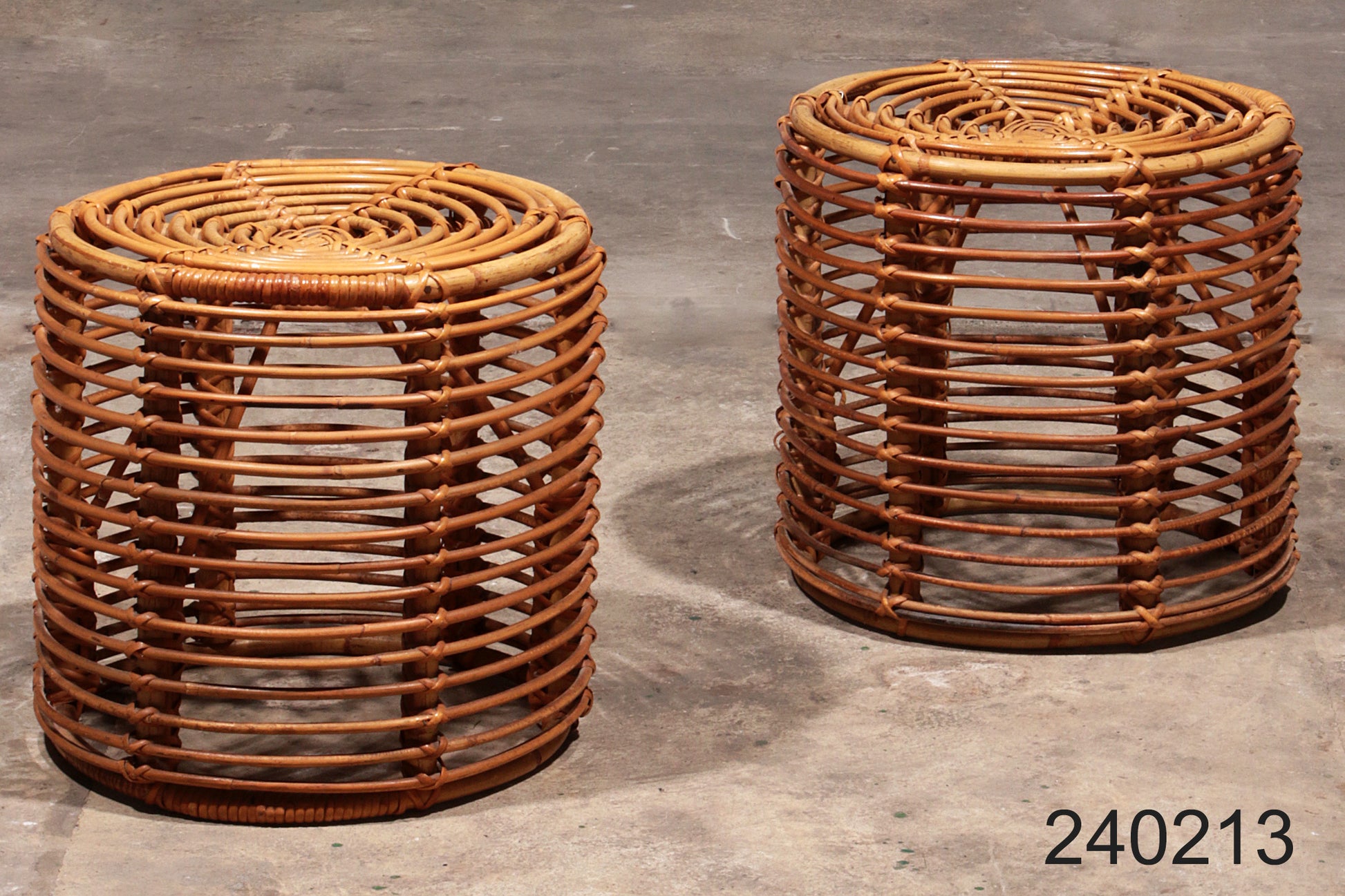 Midcentury Rattan and Wicker Round Pouf Stool, Tito Agnoli, Italy, 1970s