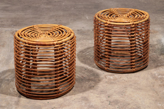 Midcentury Rattan and Wicker Round Pouf Stool, Tito Agnoli, Italy, 1970s