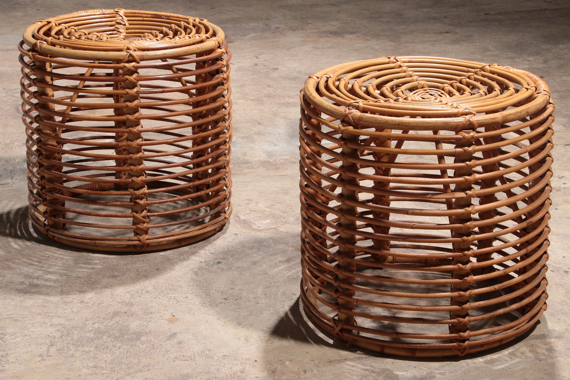 Midcentury Rattan and Wicker Round Pouf Stool, Tito Agnoli, Italy, 1970s