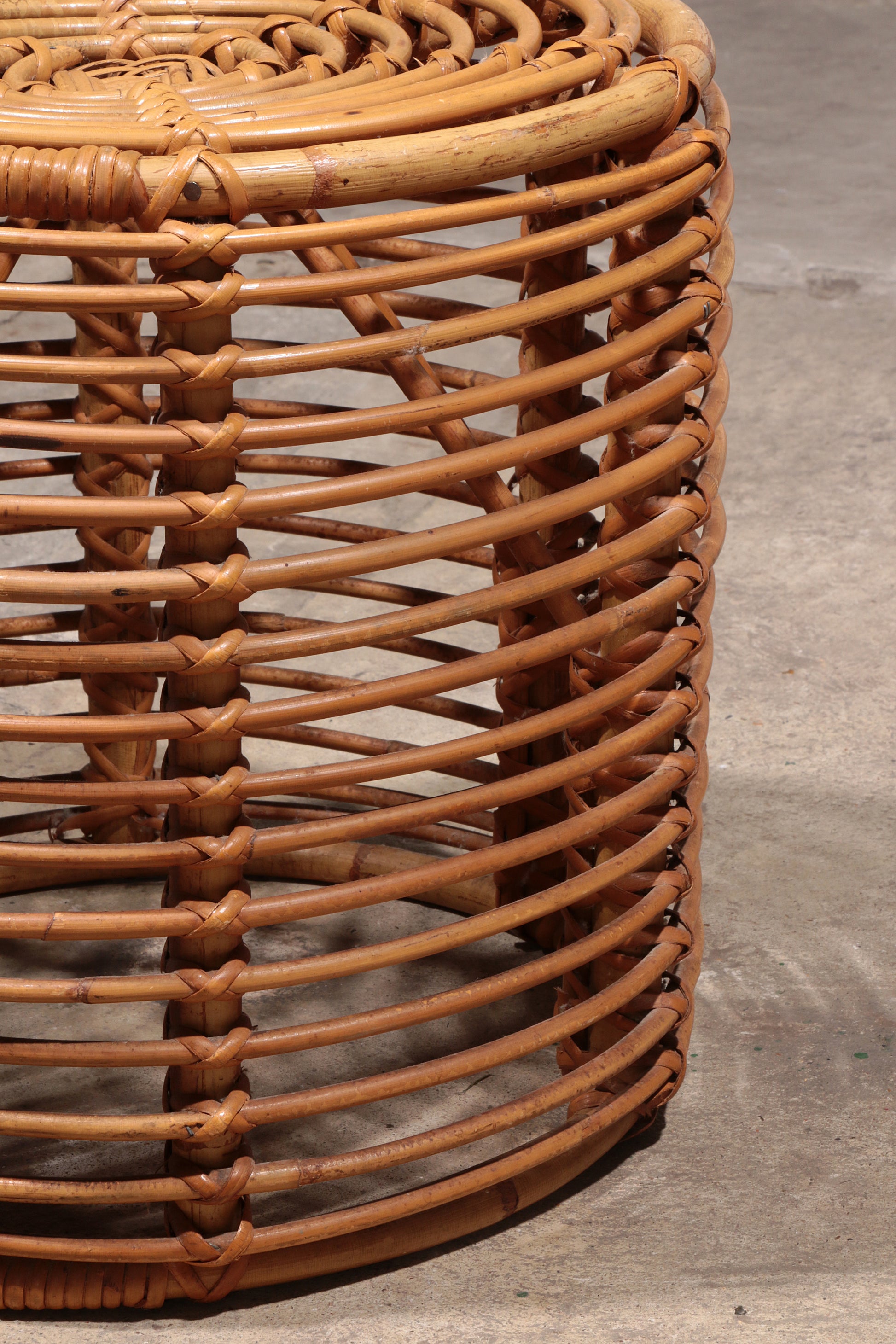 Midcentury Rattan and Wicker Round Pouf Stool, Tito Agnoli, Italy, 1970s