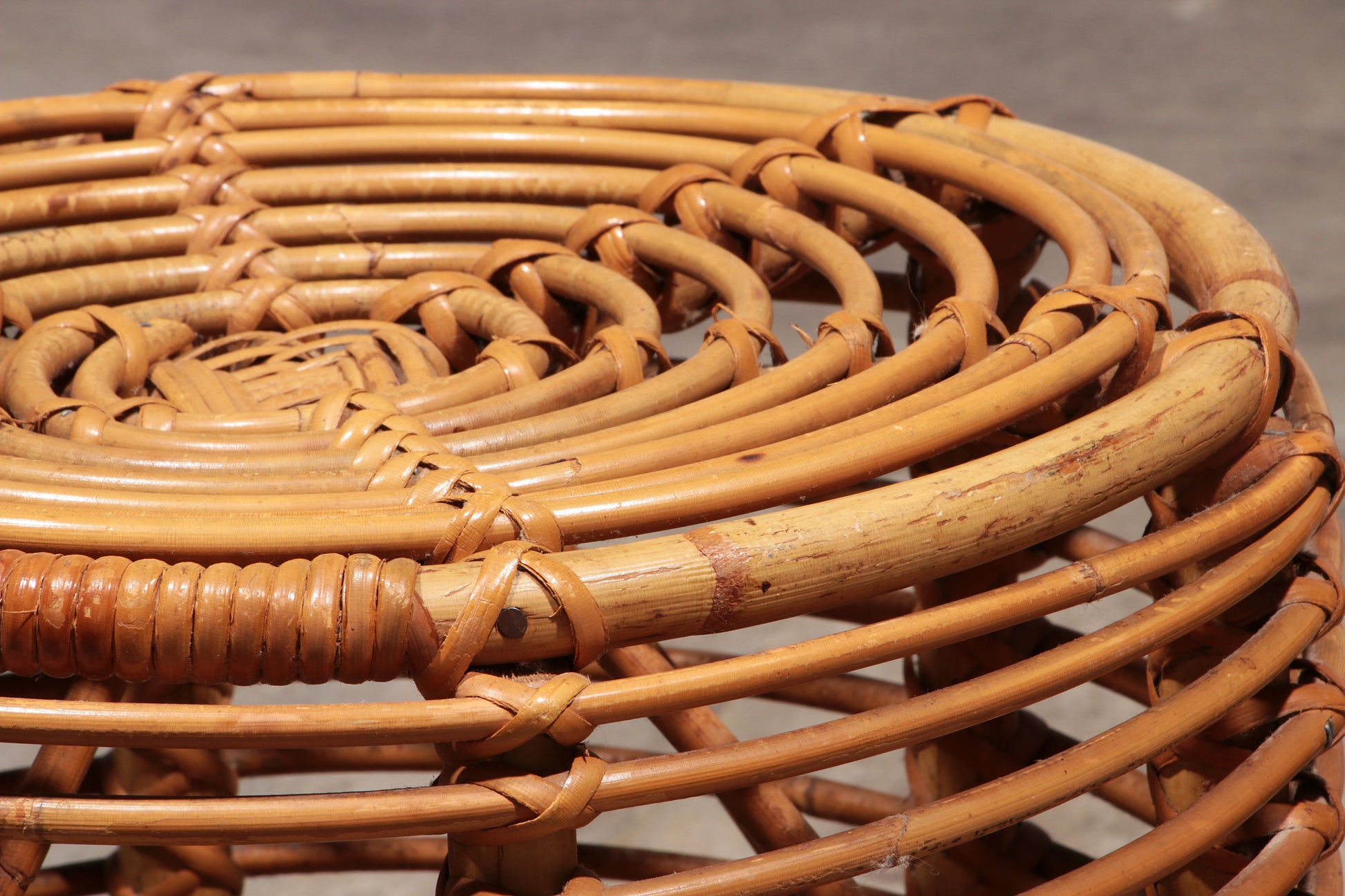 Midcentury Rattan and Wicker Round Pouf Stool, Tito Agnoli, Italy, 1970s