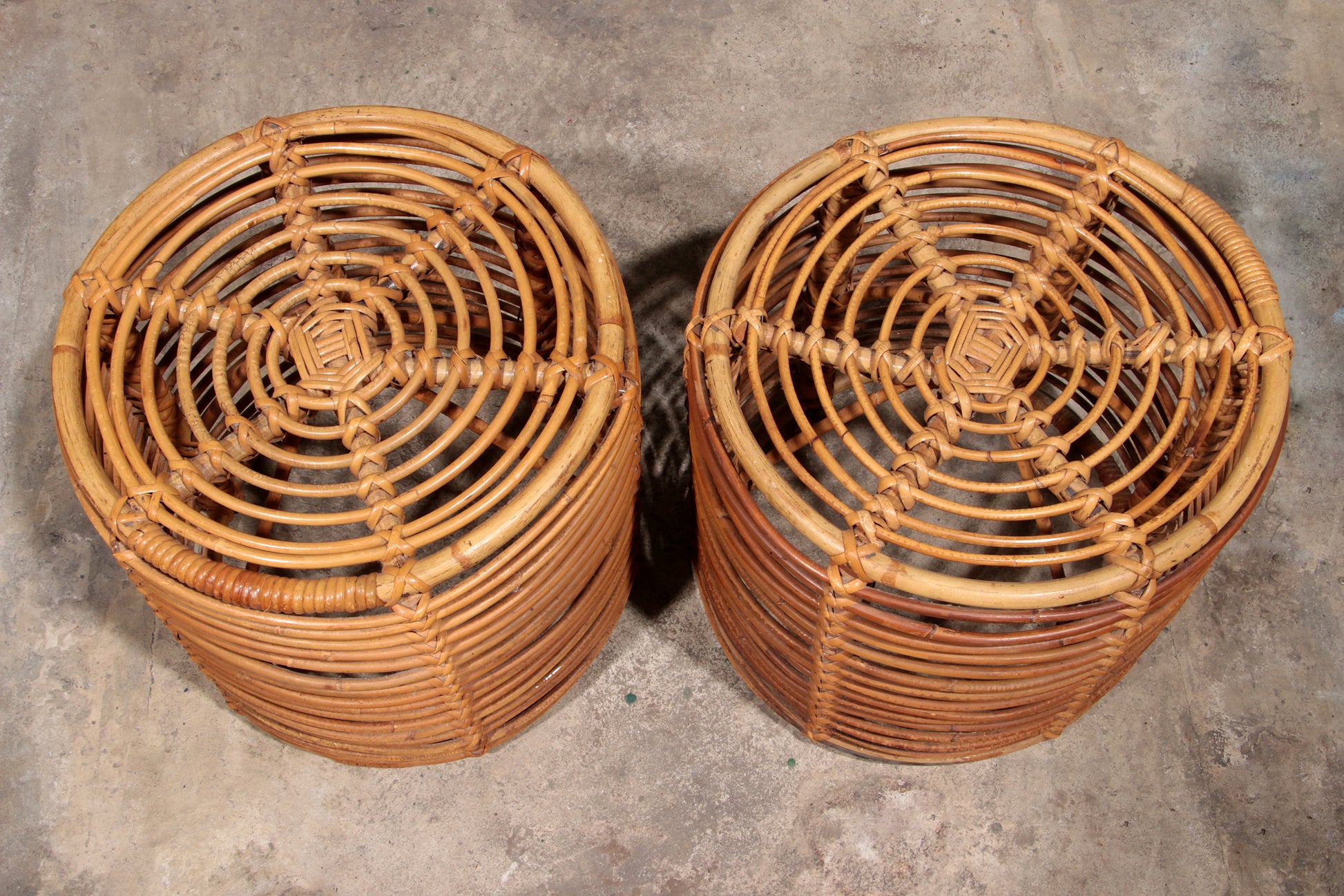 Midcentury Rattan and Wicker Round Pouf Stool, Tito Agnoli, Italy, 1970s