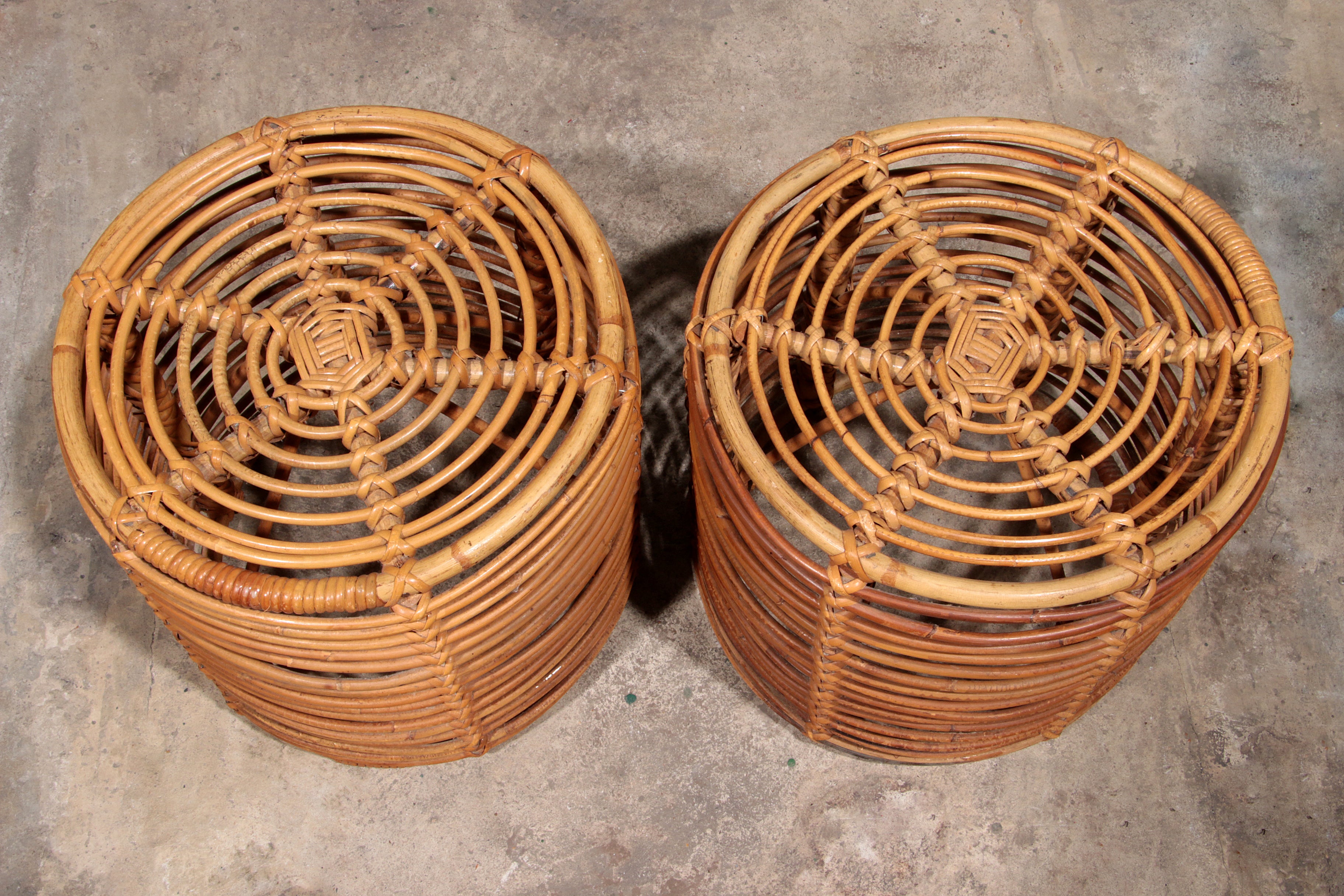 Midcentury Rattan and Wicker Round Pouf Stool, Tito Agnoli, Italy, 1970s
